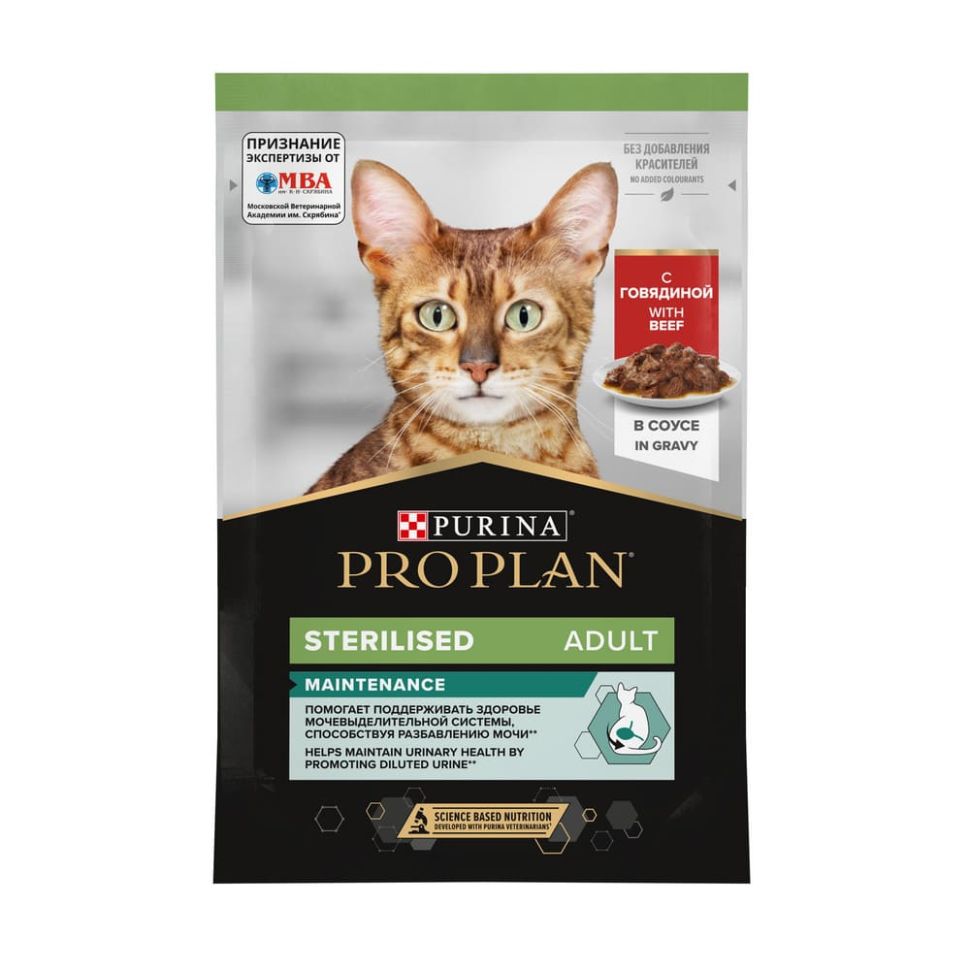 Purina: Pro Plan Консервы для стерилизованных кошек и кастрированных котов, говядина, пауч, 85 гр
